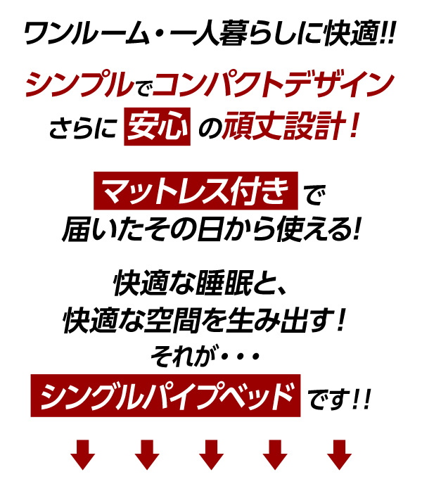 シンプル&コンパクトデザイン!シングルパイプベッド【-Chess-チェス】(フレーム+ロール梱包のボンネルコイルマットレス)