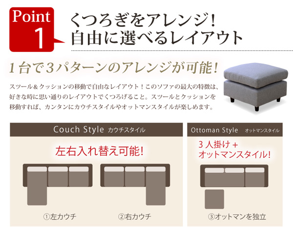 選べる9カラー!ポケットコイル入りコーナーソファー【Union-ユニオン-】くつろぎをアレンジ!自由に選べるレイアウト。1台で3パターン。左・右のカウチスタイル・オットマンスタイル